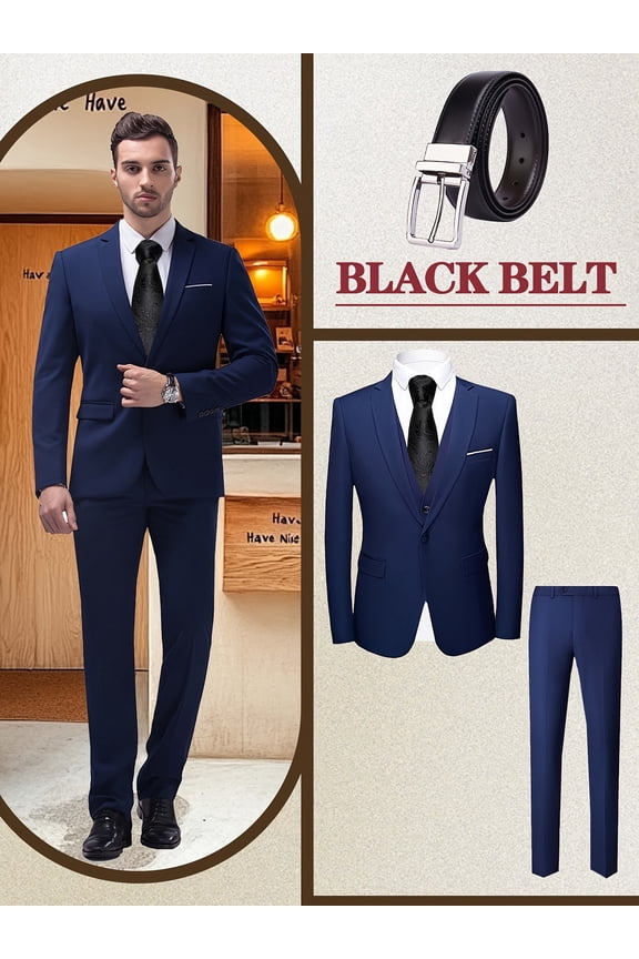 Men’s 4-Piece Business Suit Set, Lapel Jacket, Vest, Slim Trousers & Belt – Solid Color Formal Attire for Office, Meetings & Special Events