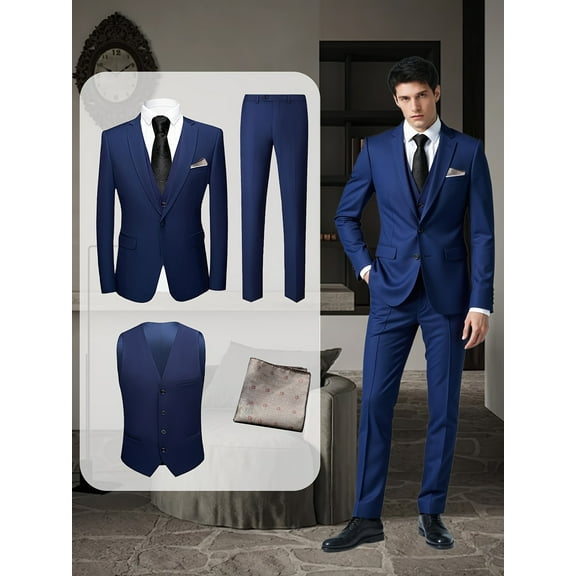 Beauty-Emily Men's 4-Piece Business Suit Set, Single-Button Jacket, Vest, Pants, Pocket Square, for Wedding, Business, Interview, Party, Banquet, Prom, Formal Events, Graduation