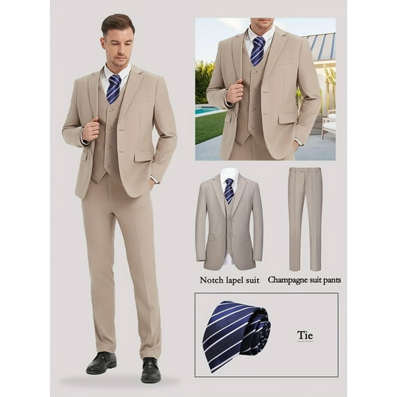 Beauty-Emily Men’s 4-Piece Business Suit Set, Two-Button Blazer, Vest, Pants & Tie – Slim Fit Solid Color Formal Attire