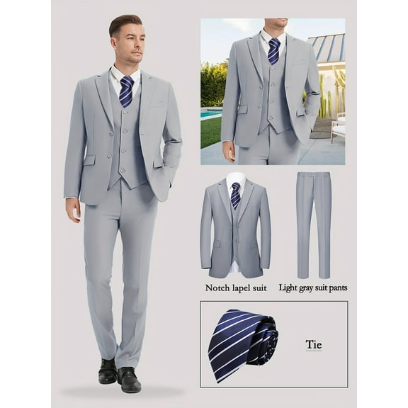 Beauty-Emily Men’s 4-Piece Business Suit Set, Two-Button Blazer, Vest, Pants & Tie – Slim Fit Solid Color Formal Attire