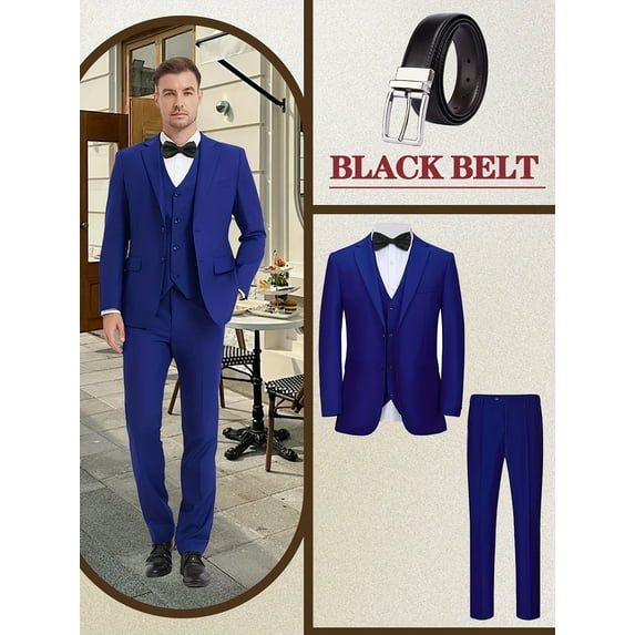 Beauty-Emily Men's 4-Piece Classic Business Suit Set, Blazer, Vest, Pants, Belt, for Wedding, Business, Party, Banquet, Formal Events, Graduation, Special Occasions