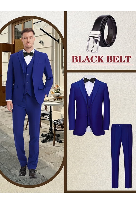 Men's 4-Piece Classic Business Suit Set, Blazer, Vest, Pants, Belt, for Wedding, Business, Party, Banquet, Formal Events, Graduation, Special Occasions
