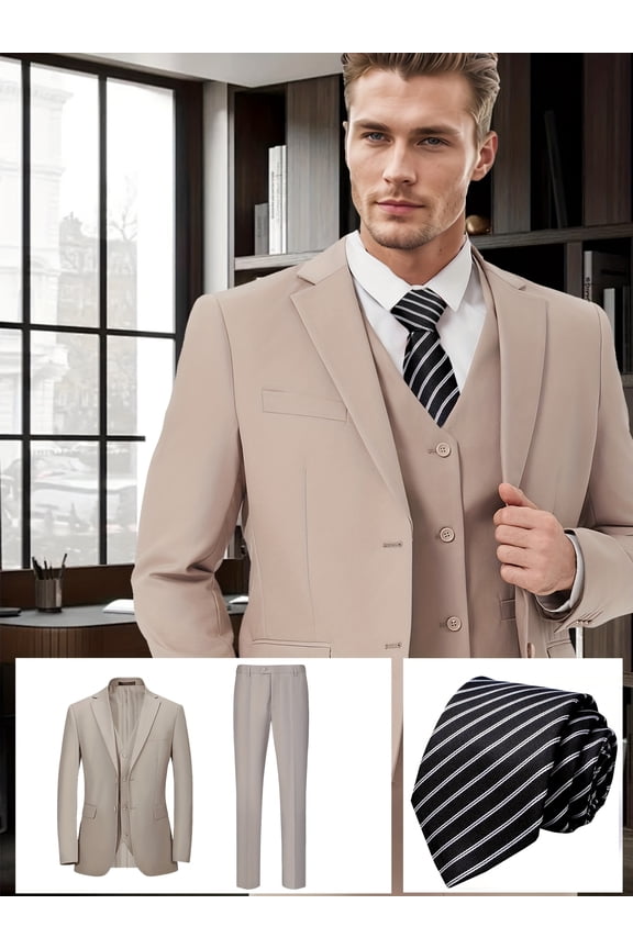 Men's 4-Piece Classic Suit Set, Double-Button Jacket, Vest, Pants, Tie, Champagne, for Wedding, Business, Party, Banquet, Prom, Formal Events, Graduation