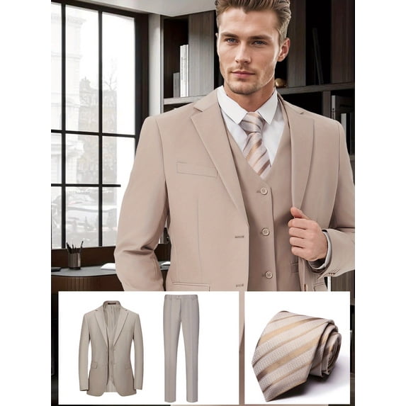 Beauty-Emily Men's 4-Piece Classic Suit Set, Double-Button Jacket, Vest, Pants, Tie, Champagne, for Wedding, Business, Party, Banquet, Prom, Formal Events, Graduation