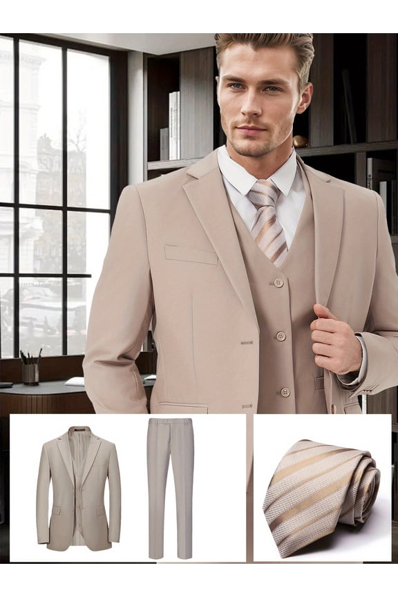 Men's 4-Piece Classic Suit Set, Double-Button Jacket, Vest, Pants, Tie, Champagne, for Wedding, Business, Party, Banquet, Prom, Formal Events, Graduation
