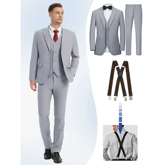 Beauty-Emily Men's 4-Piece Classic Suit Set with Jacket, Vest, Pants & Strap clip, Regular Fit V-Neck Business Suit for Wedding, Banquet & Formal Events