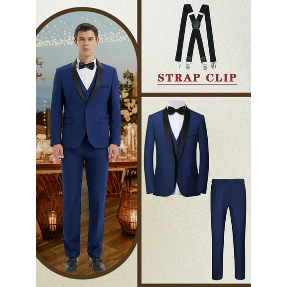 Beauty-Emily Men’s 4-Piece Classic Suit Set, Lapel Blazer, Vest, Pants & Adjustable Straps – High-Quality Fabric, Comfortable Fit, Perfect for Weddings, Parties & Proms