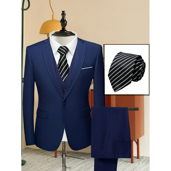 Beauty-Emily Men's 4-Piece Dark Blue Suit Set, Jacket, Vest, Pants, Multiple Ties, for Wedding, Business, Party, Banquet, Interview, Formal Events, Graduatio