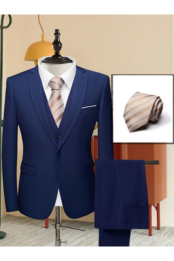 Men's 4-Piece Dark Blue Suit Set, Jacket, Vest, Pants, Multiple Ties, for Wedding, Business, Party, Banquet, Interview, Formal Events, Graduatio