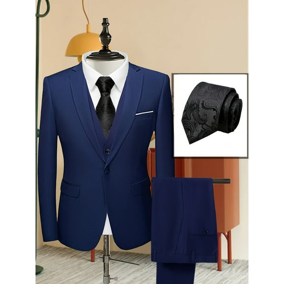 Beauty-Emily Men's 4-Piece Dark Blue Suit Set, Jacket, Vest, Pants, Multiple Ties, for Wedding, Business, Party, Banquet, Interview, Formal Events, Graduatio