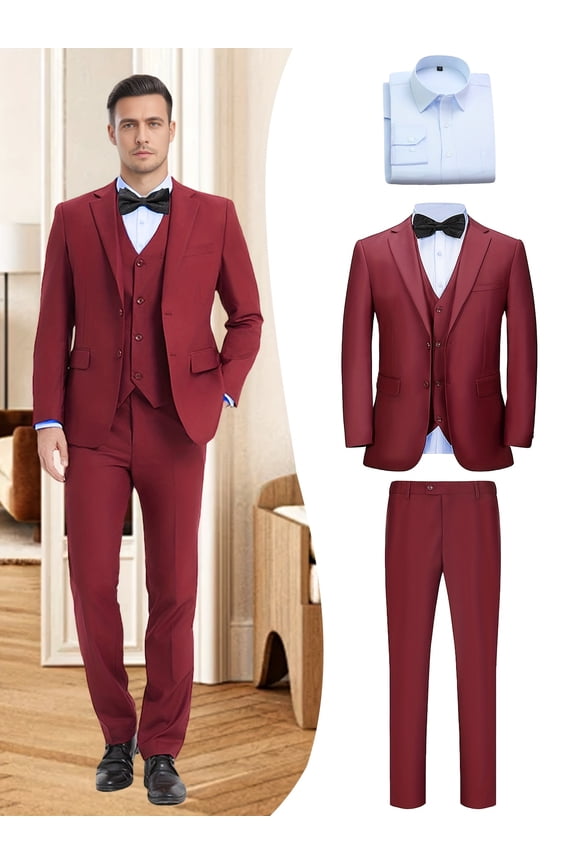 Men's 4-Piece Formal Business Suit Set, Jacket, Vest, Pants, Shirt, V-Neck, for Wedding, Business, Party, Banquet, Prom, Formal Events, Graduation