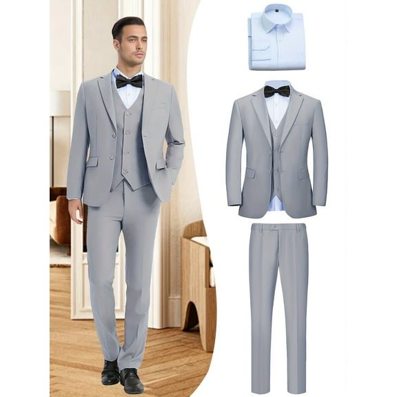 Beauty-Emily Men's 4-Piece Formal Business Suit Set, Jacket, Vest, Pants, Shirt, V-Neck, for Wedding, Business, Party, Banquet, Prom, Formal Events, Graduation