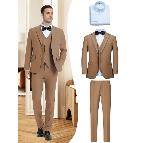 Beauty-Emily Men's 4-Piece Formal Business Suit Set, Jacket, Vest, Pants, Shirt, V-Neck, for Wedding, Business, Party, Banquet, Prom, Formal Events, Graduation