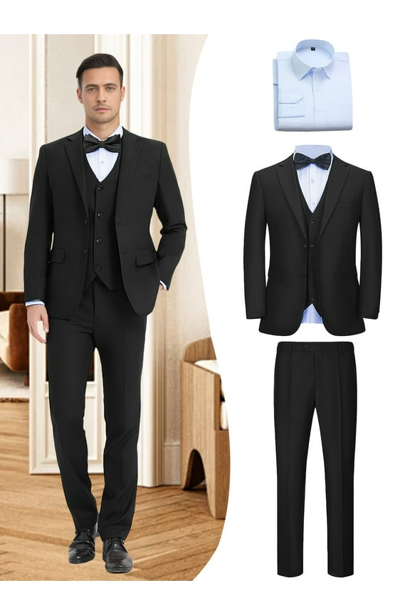 Men's 4-Piece Formal Business Suit Set, Jacket, Vest, Pants, Shirt, V-Neck, for Wedding, Business, Party, Banquet, Prom, Formal Events, Graduation