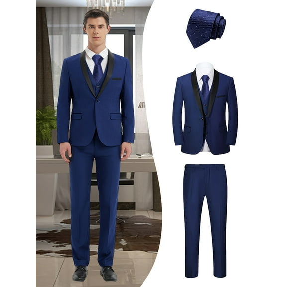 Beauty-Emily Men’s 4-Piece Formal Suit Set, Blazer, Vest, Pants & Blue Tie, British Style Slim Fit Attire for Groom, Weddings & Banquets