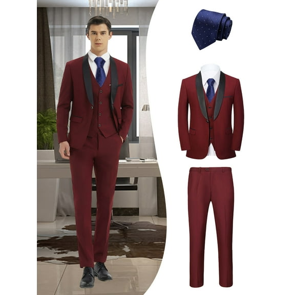 Beauty-Emily Men’s 4-Piece Formal Suit Set, Blazer, Vest, Pants & Blue Tie, British Style Slim Fit Attire for Groom, Weddings & Banquets