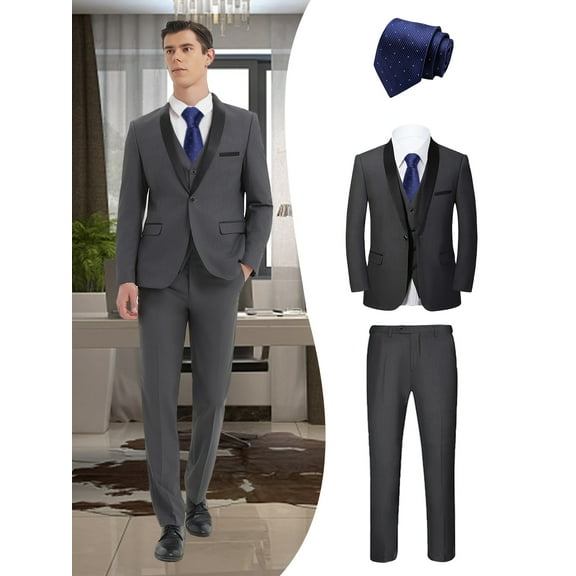 Beauty-Emily Men’s 4-Piece Formal Suit Set, Blazer, Vest, Pants & Blue Tie, British Style Slim Fit Attire for Groom, Weddings & Banquets