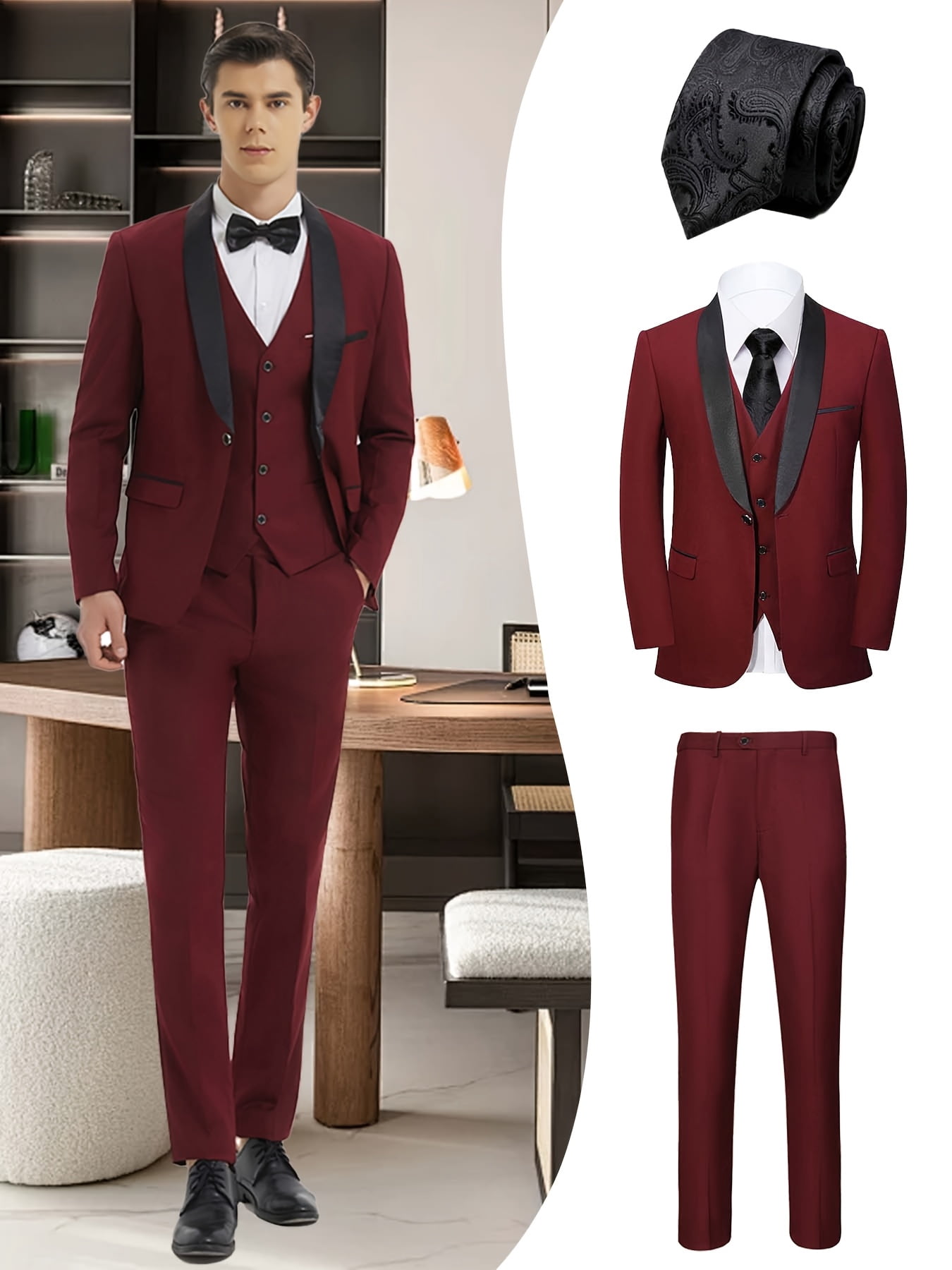 Beauty-emily Men's 4-Piece Formal Suit Set, Jacket, Vest, Pants, Black Tie, Shawl Collar, for Wedding, Business, Party, Banquet, Prom, Formal Events, Beauty-emily Men's 4-Piece Formal Suit Set, Jacket, Vest, Pants, Black Tie, Shawl Collar, for Wedding, Business, Party, Banquet, Prom, Formal Events,