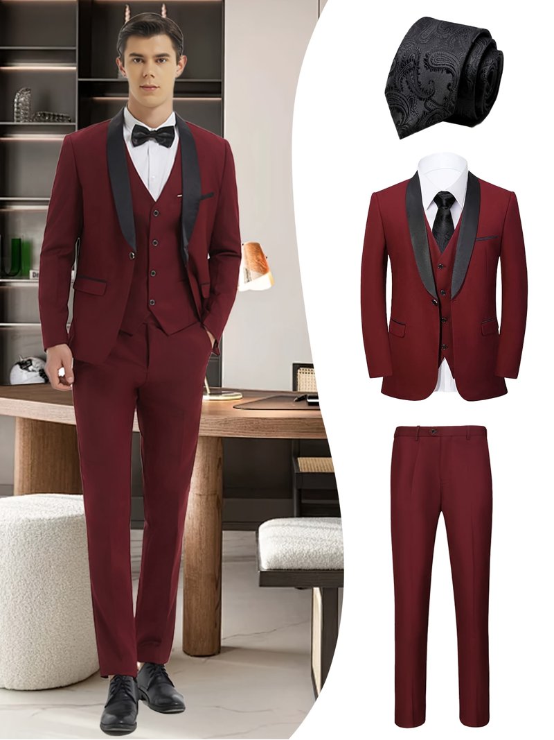 Beauty-emily Men's 4-Piece Formal Suit Set, Jacket, Vest, Pants, Black Tie, Shawl Collar, for Wedding, Business, Party, Banquet, Prom, Formal Events, Beauty-emily Men's 4-Piece Formal Suit Set, Jacket, Vest, Pants, Black Tie, Shawl Collar, for Wedding, Business, Party, Banquet, Prom, Formal Events,