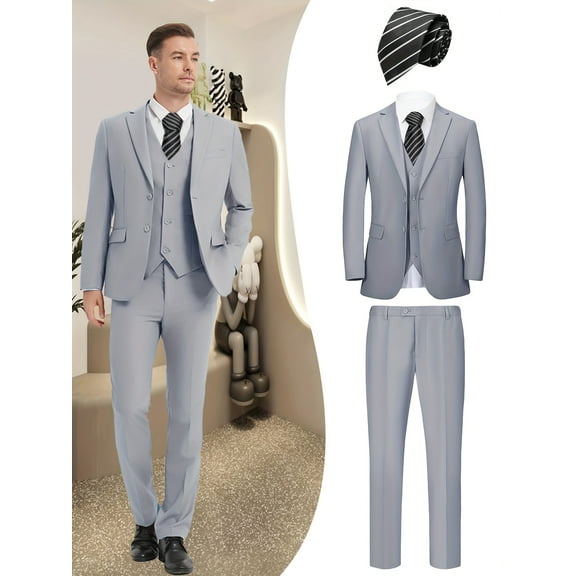 Beauty-Emily Men's 4-Piece Formal Suit Set, Jacket, Vest, Pants, Black Tie, V-Neck, for Wedding, Business, Party, Banquet, Prom, Formal Events, Graduation