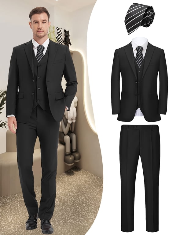 Men's 4-Piece Formal Suit Set, Jacket, Vest, Pants, Black Tie, V-Neck, for Wedding, Business, Party, Banquet, Prom, Formal Events, Graduation