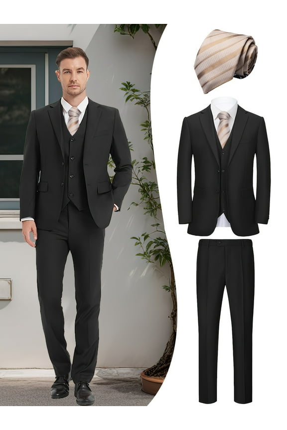 Men's 4-Piece Formal Suit Set, Jacket, Vest, Pants, Golden Tie, V-Neck, for Wedding, Business, Party, Banquet, Prom, Formal Events, Graduation
