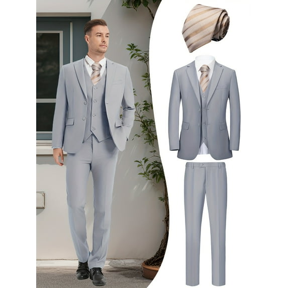 Beauty-Emily Men's 4-Piece Formal Suit Set, Jacket, Vest, Pants, Golden Tie, V-Neck, for Wedding, Business, Party, Banquet, Prom, Formal Events, Graduation