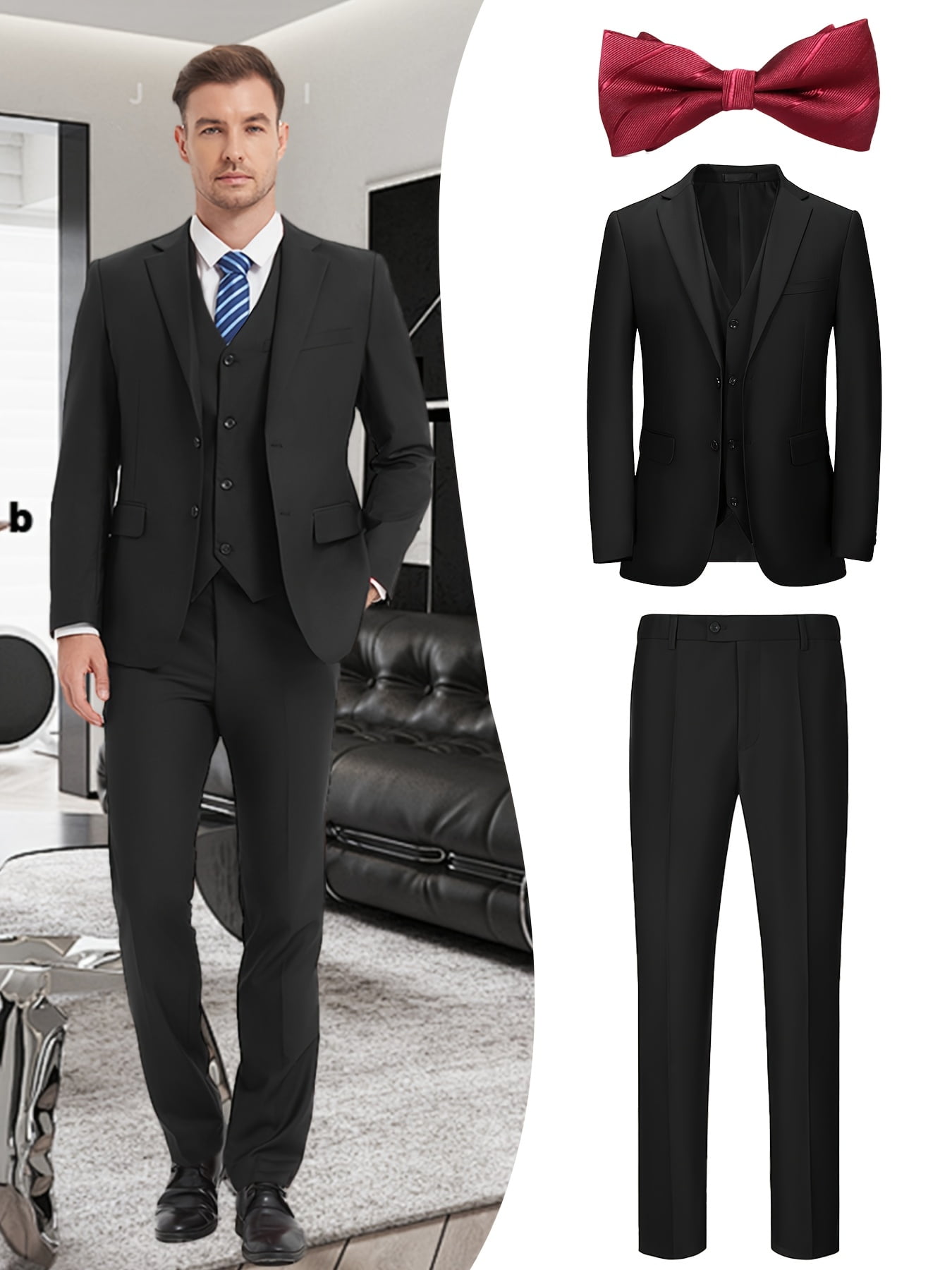 Beauty-emily Men's 4-Piece Formal Suit Set, Jacket, Vest, Pants, Red Tie, V-Neck, for Wedding, Business, Party, Banquet, Prom, Formal Events,