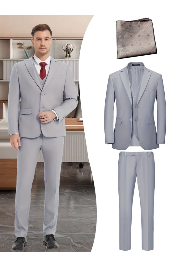 Men's 4-Piece Gentleman Suit with Jacket, Vest, Pants & Champagne Handkerchief – V-Neck Design, Premium Fabric, Tailored Fit, Wedding, Party & Business Wear