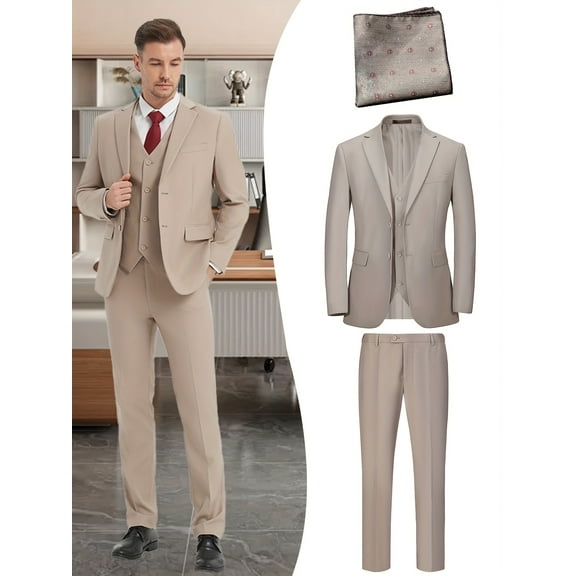 Beauty-Emily Men's 4-Piece Gentleman Suit with Jacket, Vest, Pants & Champagne Handkerchief – V-Neck Design, Premium Fabric, Tailored Fit, Wedding, Party & Business Wear