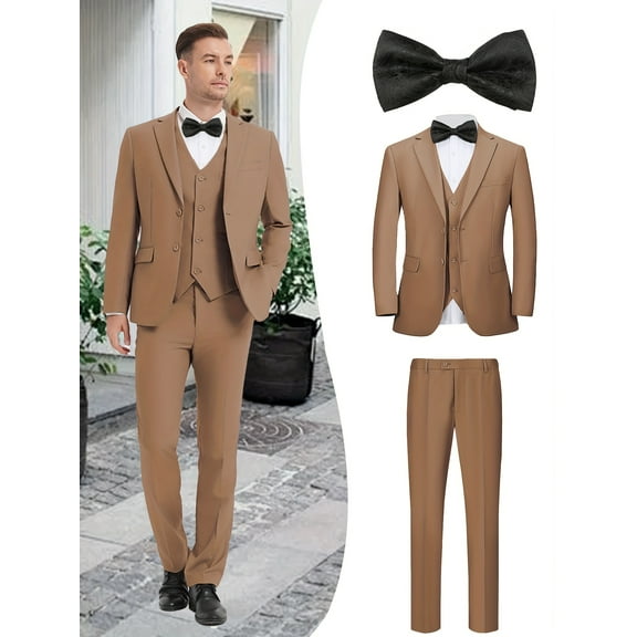 Beauty-Emily Men's 4-Piece Luxury Business Suit with Jacket, Vest, Pants & Black Bow Tie – V-Neck Design, Tailored Fit, Wedding, Dance & Formal Business Wear