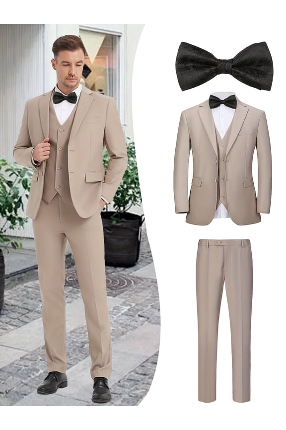 Men's 4-Piece Luxury Business Suit with Jacket, Vest, Pants & Black Bow Tie – V-Neck Design, Tailored Fit, Wedding, Dance & Formal Business Wear