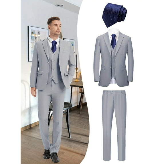 Beauty-Emily Men's 4-Piece Luxury Business Suit Set, Jacket, Vest, Pants & Blue Tie, Formal Slim Fit Attire for Wedding, Prom, Party, Business Events