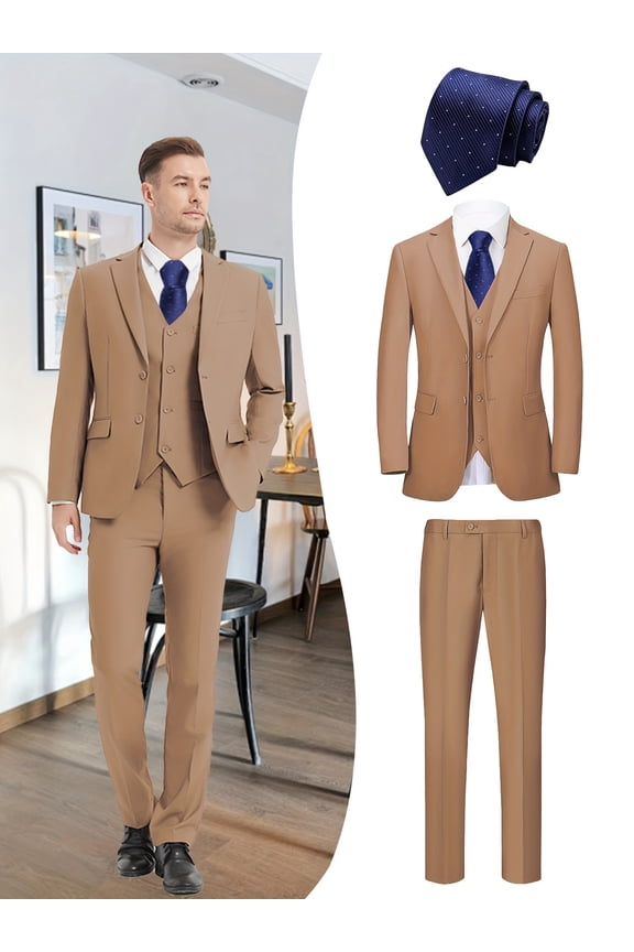 Men's 4-Piece Luxury Business Suit Set, Jacket, Vest, Pants & Blue Tie, Formal Slim Fit Attire for Wedding, Prom, Party, Business Events