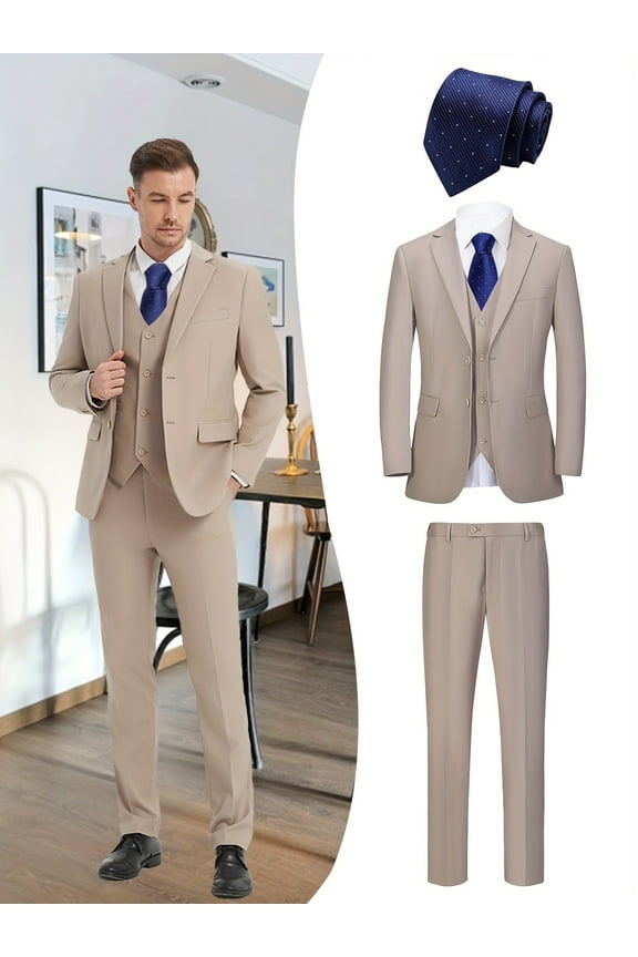 Men's 4-Piece Luxury Business Suit Set, Jacket, Vest, Pants & Blue Tie, Formal Slim Fit Attire for Wedding, Prom, Party, Business Events
