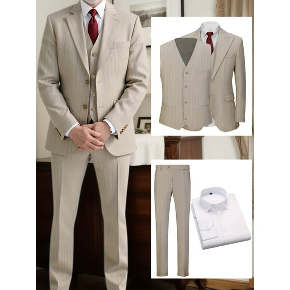Beauty-Emily Men’s 4-Piece Pinstripe Business Suit Set, Closure Collar Jacket, Vest, Shirt & Pants – Office, Meetings & Events