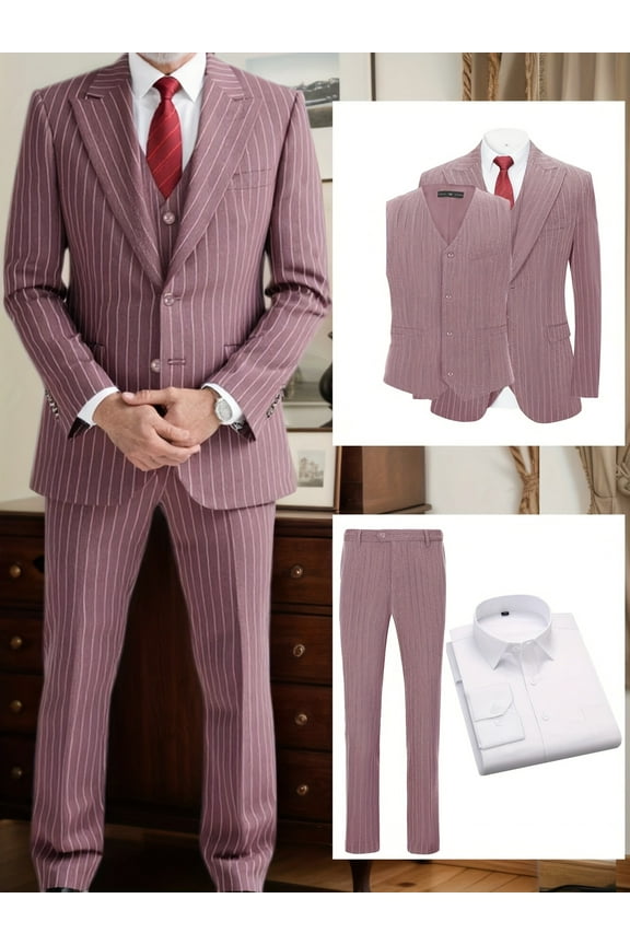 Men’s 4-Piece Pinstripe Business Suit Set, Closure Collar Jacket, Vest, Shirt & Pants – Office, Meetings & Events
