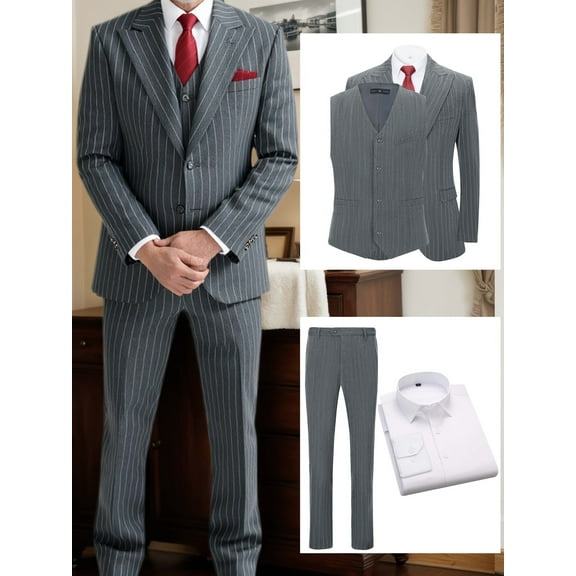 Beauty-Emily Men’s 4-Piece Pinstripe Business Suit Set, Closure Collar Jacket, Vest, Shirt & Pants – Office, Meetings & Events
