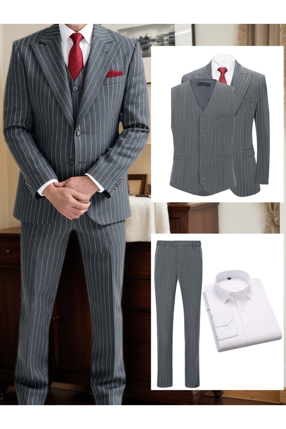 Men’s 4-Piece Pinstripe Business Suit Set, Closure Collar Jacket, Vest, Shirt & Pants – Office, Meetings & Events