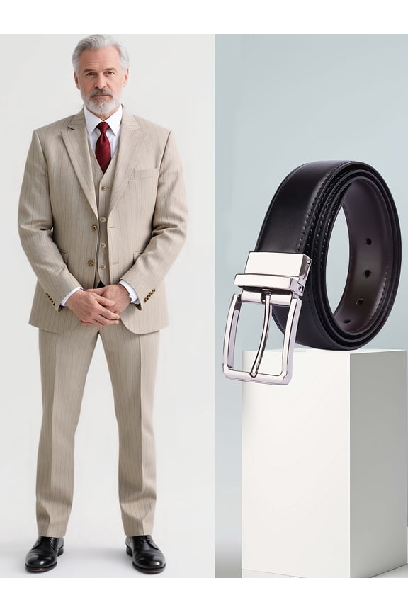 Men’s 4-Piece Pinstripe Business Suit, Two-Button Jacket, Vest, Pants & Belt – Formal Attire for Office, Meetings & Events