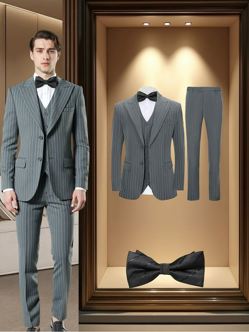 Beauty-Emily Men's 4-Piece Pinstripe Suit Set, Peak Collar Two