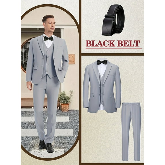 Beauty-Emily Men’s 4-Piece Solid Color Business Suit Set, Two-Button Lapel Blazer with Vest, Slim-Fit Pants & Black Belt – Formal Attire for Work, Weddings & Parties