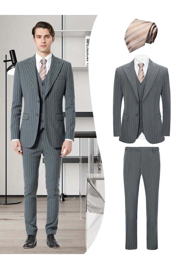 Men's 4-Piece Striped Formal Suit Set, Jacket, Vest, Pants, Golden Tie, for Wedding, Business, Party, Banquet, Prom, Formal Events, Graduation