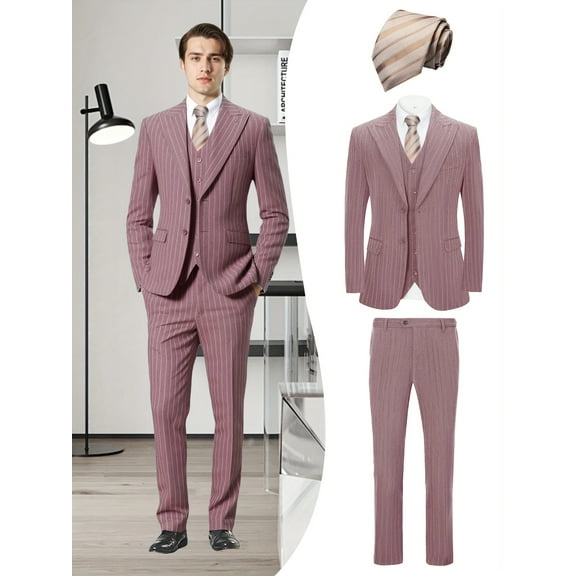 Beauty-Emily Men's 4-Piece Striped Formal Suit Set, Jacket, Vest, Pants, Golden Tie, for Wedding, Business, Party, Banquet, Prom, Formal Events, Graduation