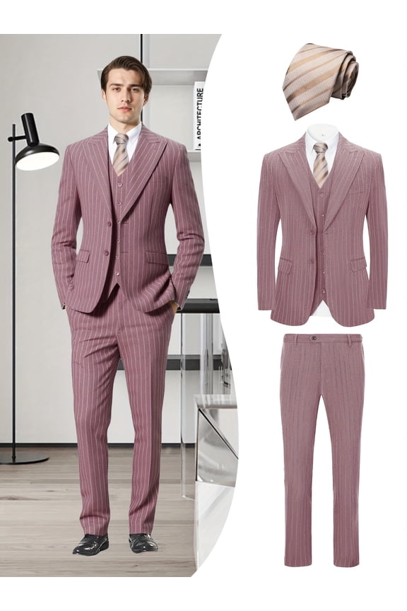 Men's 4-Piece Striped Formal Suit Set, Jacket, Vest, Pants, Golden Tie, for Wedding, Business, Party, Banquet, Prom, Formal Events, Graduation