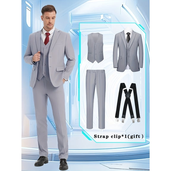 Beauty-Emily Men's 4-Piece Suit Set with Blazer, Vest, Pants & Strap Clip – Lapel Collar, Two-Button, Flap Pockets, Wedding, Party & Business Formal Wear