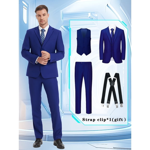 Beauty-Emily Men's 4-Piece Suit Set with Blazer, Vest, Pants & Strap Clip – Lapel Collar, Two-Button, Flap Pockets, Wedding, Party & Business Formal Wear
