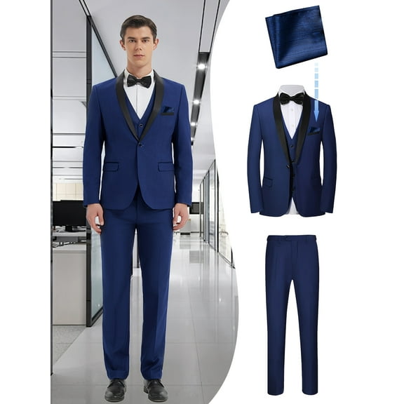 Beauty-Emily Men's 4-Piece Suit Set with Shawl Collar Blazer, Vest, Pants & Blue Square Scarf – Stand Collar, Classic Gentleman Style, Wedding, Party & Formal Dance Wear