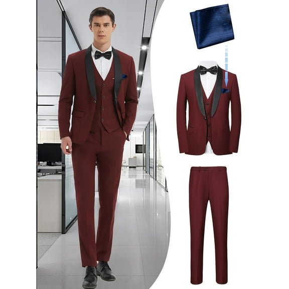 Beauty-Emily Men's 4-Piece Suit Set with Shawl Collar Blazer, Vest, Pants & Blue Square Scarf – Stand Collar, Classic Gentleman Style, Wedding, Party & Formal Dance Wear