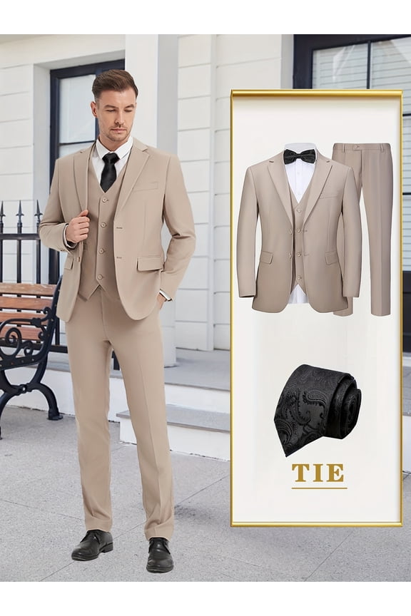Men's 4-Piece Suit Set with Jacket, Vest, Pants & Black Tie – V-Neck Design, Tailored Fit, Wedding, Party & Business Wear